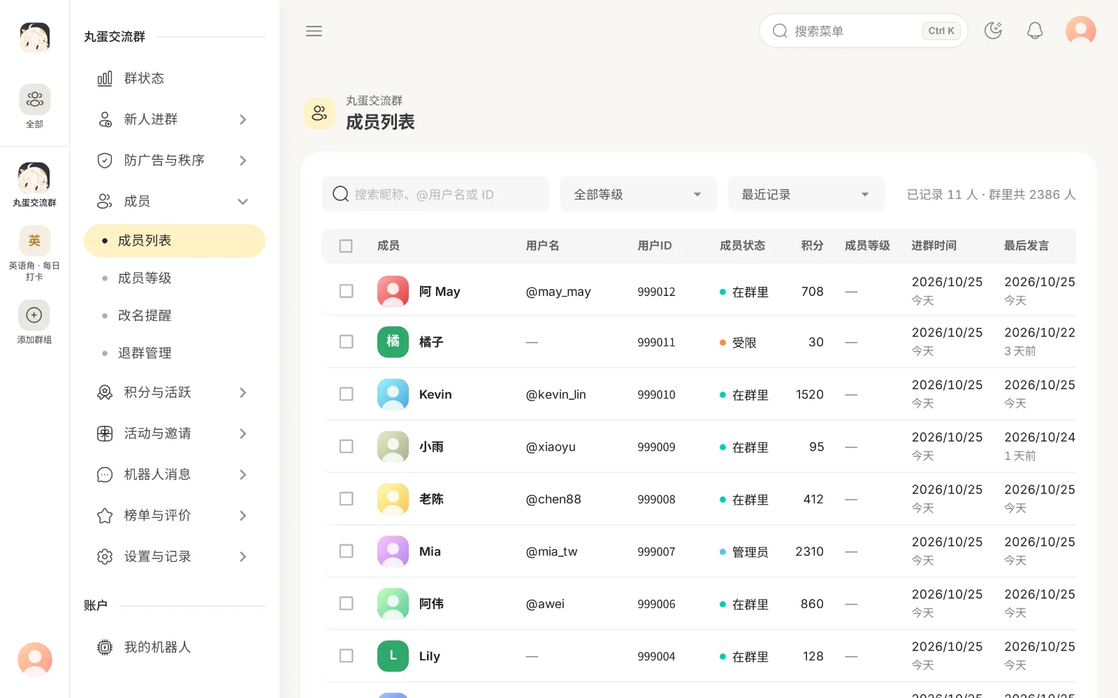 丸蛋后台的成员列表：头像、积分、成员状态、最后发言时间一目了然