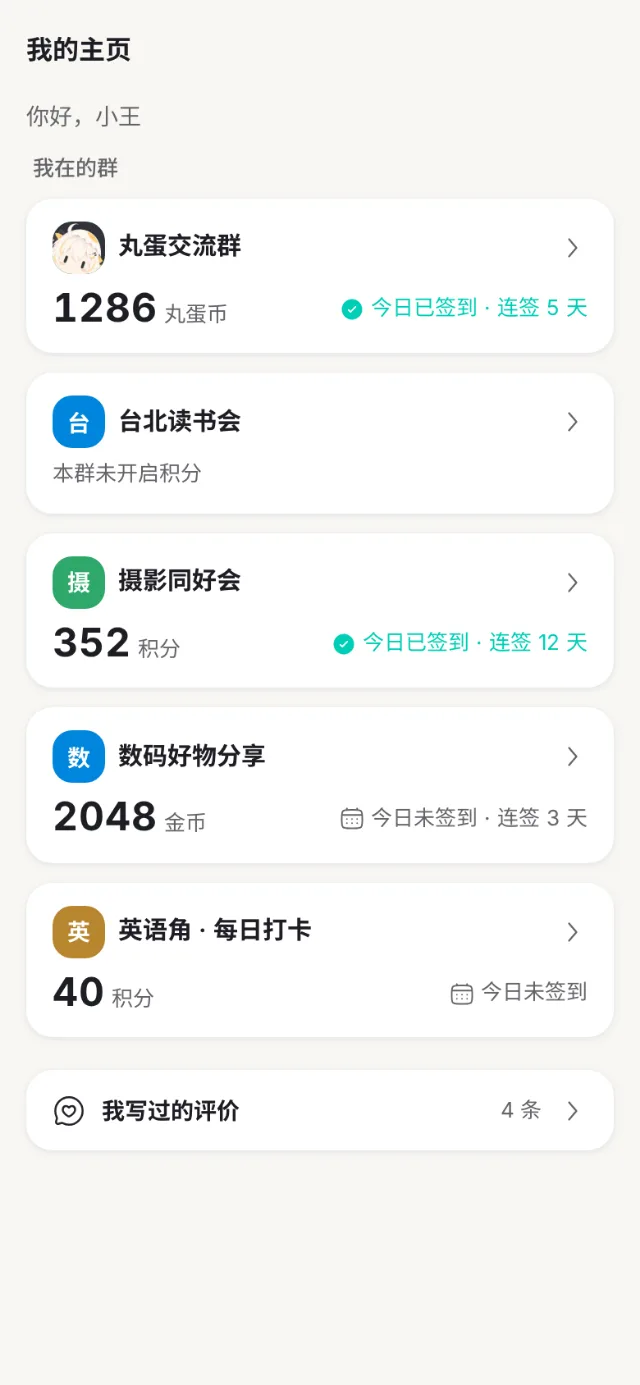 Telegram 里打开的「我的主页」：在各个群的积分和签到
